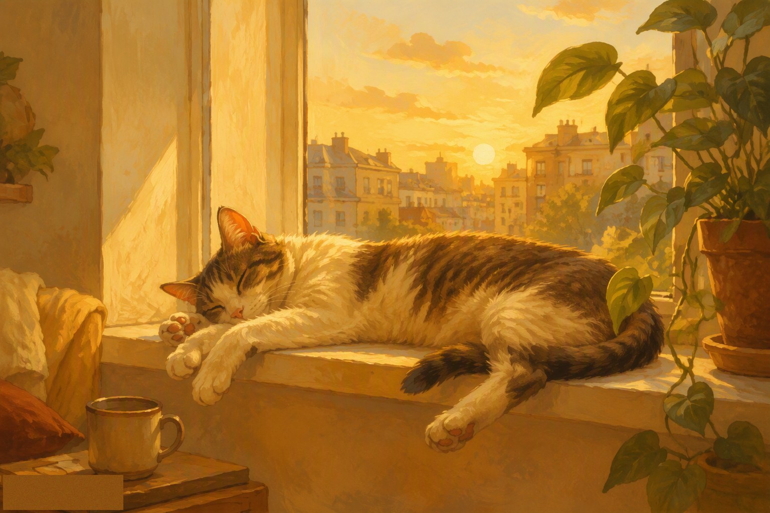 Cat asleep on a windowsill at dawn