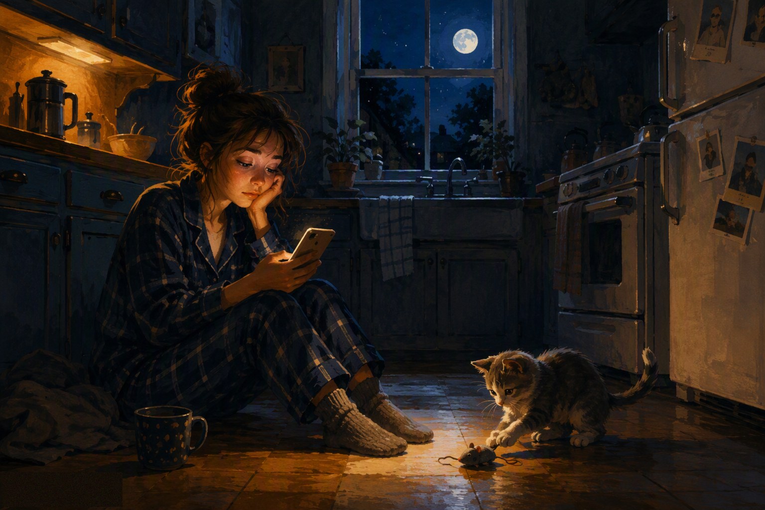 Sitting on the kitchen floor at 3am with a kitten