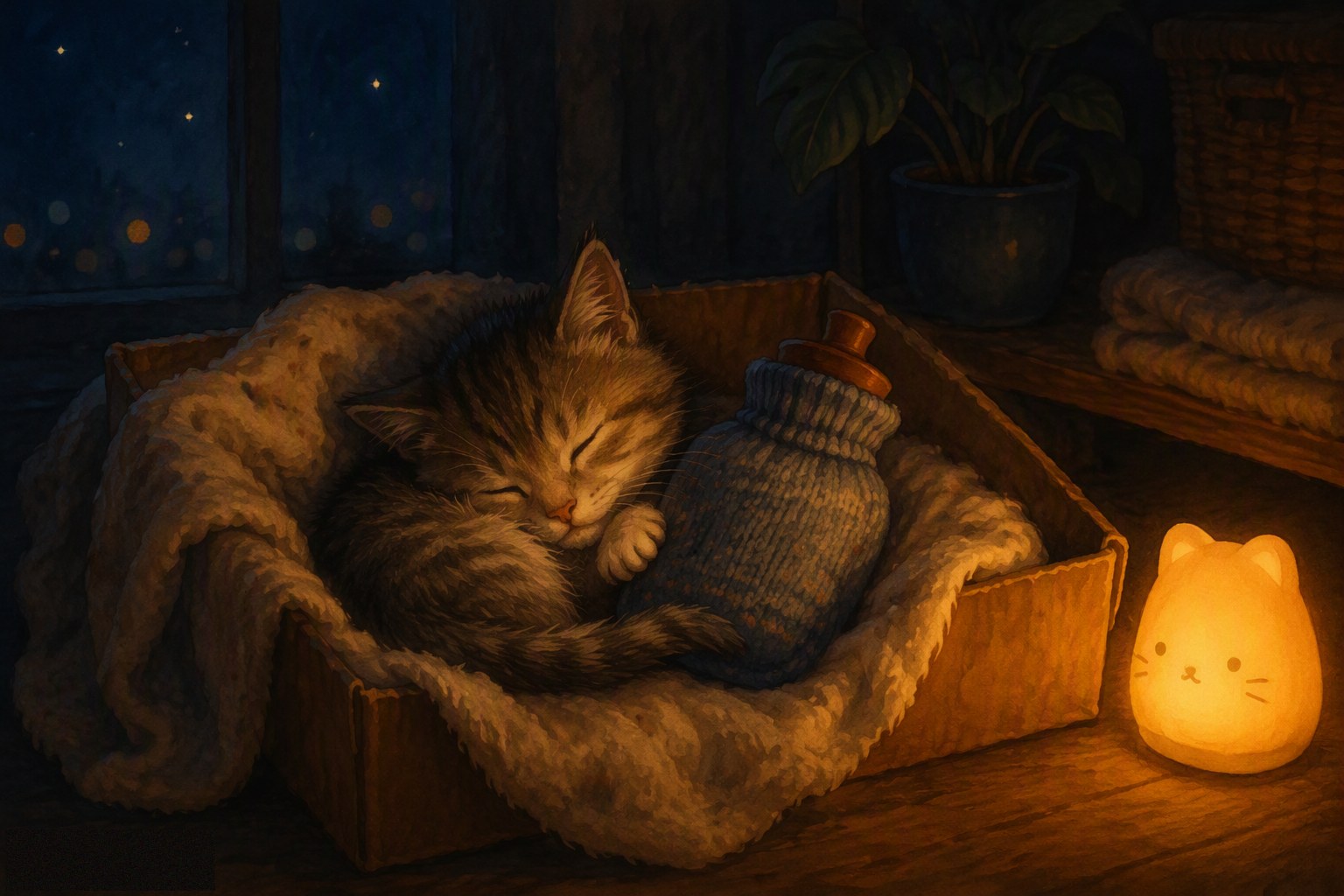 A kitten asleep in a safe-room bed at night, warm lamp glowing