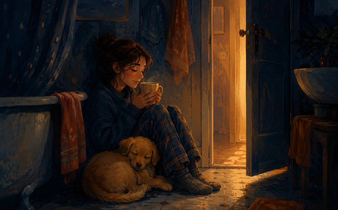 Sitting on the bathroom floor at 3am with a rescue dog