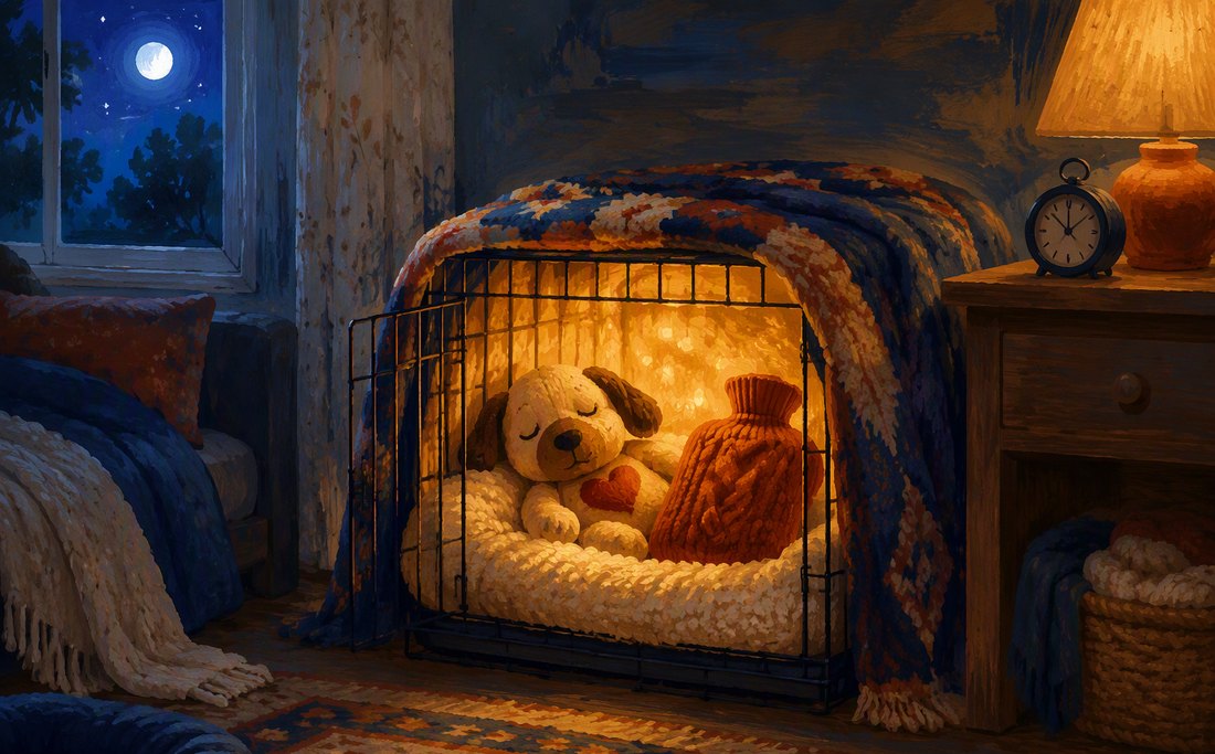 A covered crate at night, warm like a den